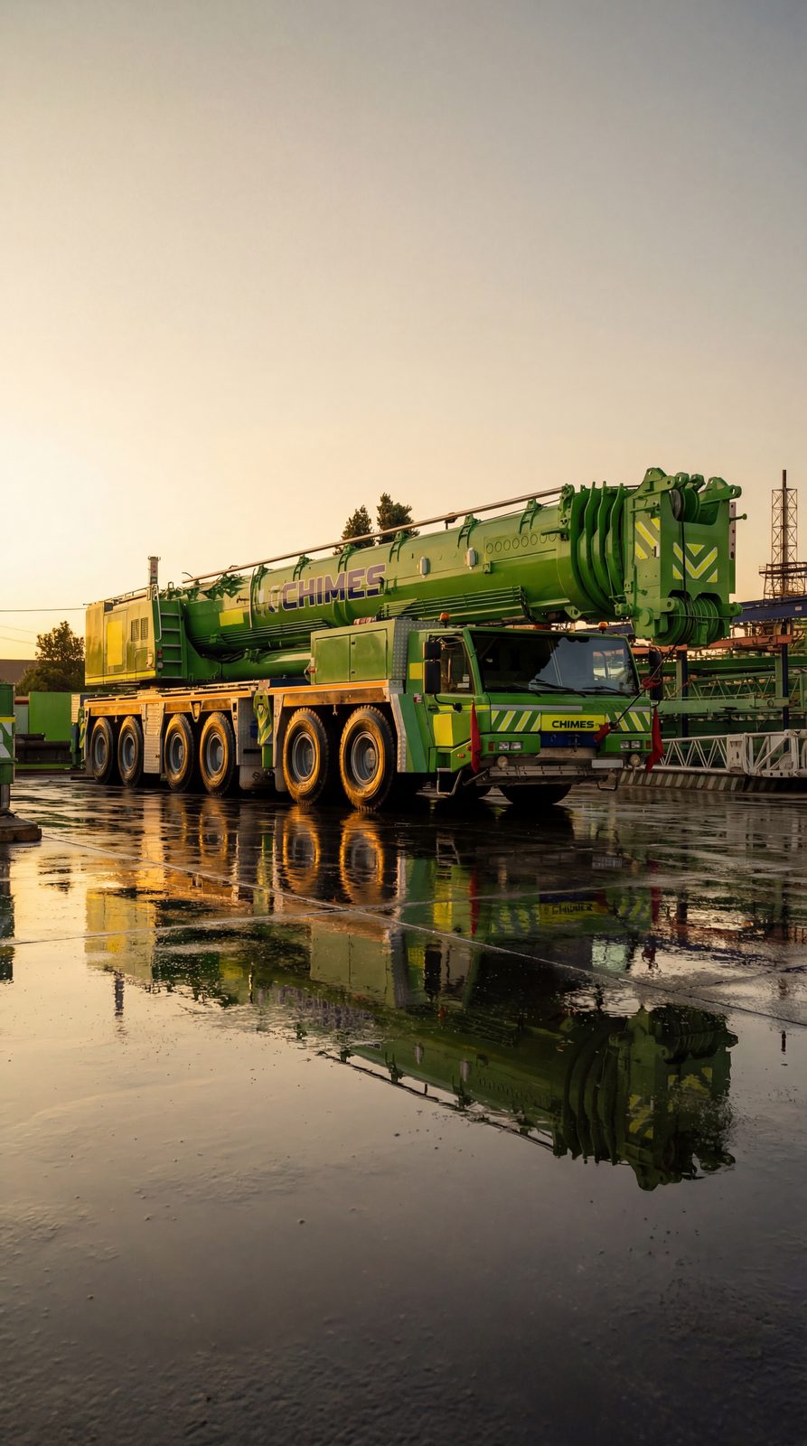 Crane reflected in wet ground