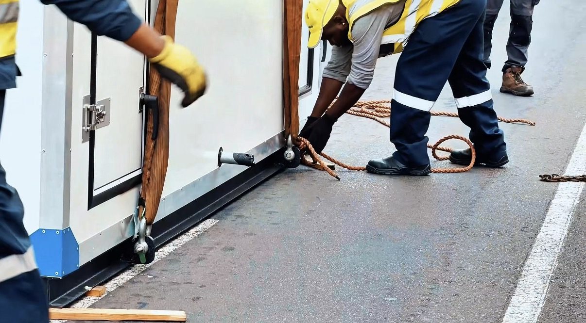 Crew rigging a cabin for transport
